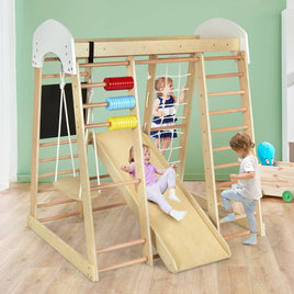 Gimnasio de escalada de madera 8 en 1 para interiores, ideal para niños (tejido natural).