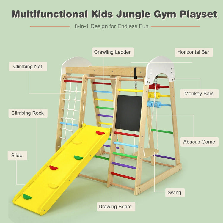 Gimnasio de escalada de madera 8 en 1 para interiores, ideal para niños (multicolor).