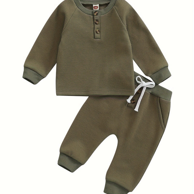Conjunto de ropa gruesa tipo gofre para niños y niñas con botones redondos