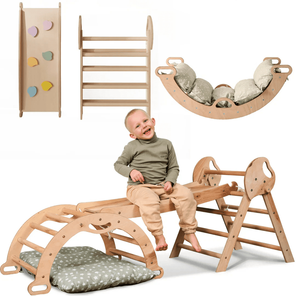 Set de escalada Montessori 4 en 1: Triángulo Pikler, arco, tobogán y cojín para niños pequeños (1 a 3 años)