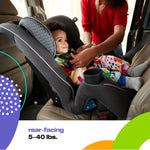 Silla de coche convertible todo en uno Cosco Easy Elite Slim, color gris con glifos.