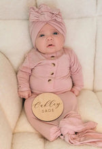 Vestido anudado para recién nacida y gorro turbante de 3 lazos - Rosa empolvado