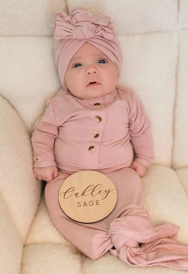 Vestido anudado para recién nacida y gorro turbante de 3 lazos - Rosa empolvado