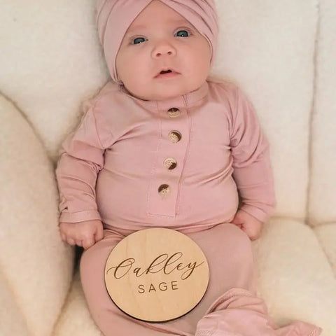 Vestido anudado para recién nacida y gorro turbante de 3 lazos - Rosa empolvado
