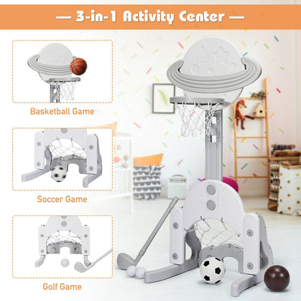 Juego de aro de baloncesto infantil 3 en 1 ajustable en altura con pelotas - Blanco