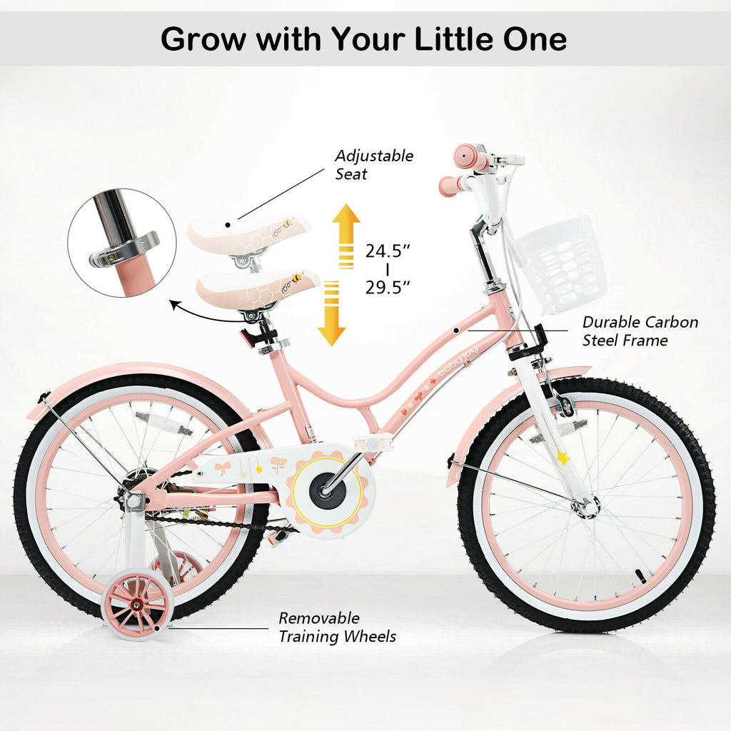 Bicicleta infantil ajustable de 18 pulgadas para niños pequeños con ruedines de apoyo - Rosa