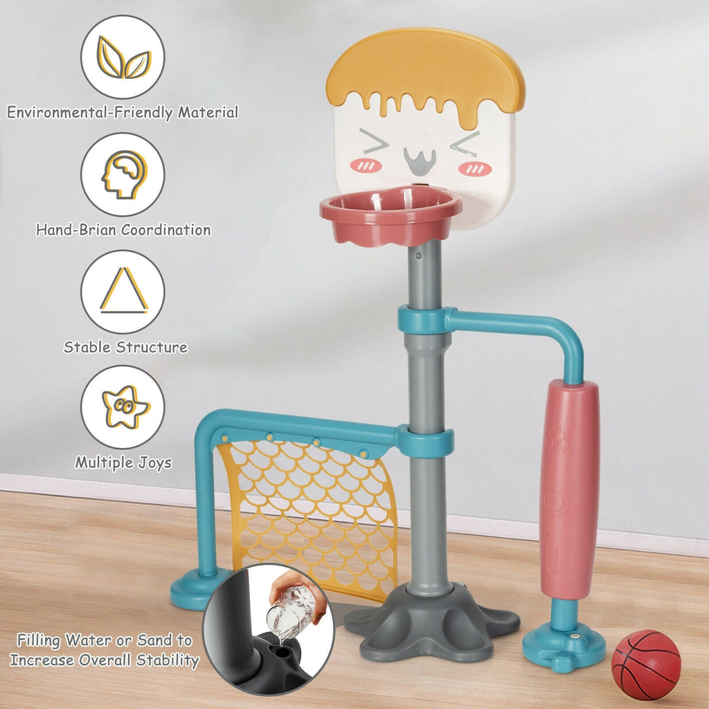 Juego de soporte de baloncesto ajustable en altura 3 en 1 con soporte para balón de fútbol y patines