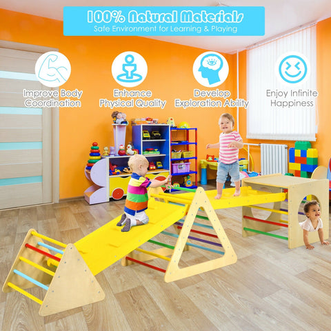 Gimnasio de juegos infantil triangular 5 en 1 con 2 rampas.
