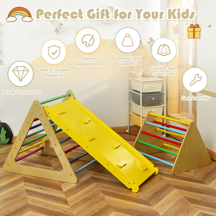 Juego de madera 3 en 1: 2 estructuras triangulares para trepar con rampa para toboganes.