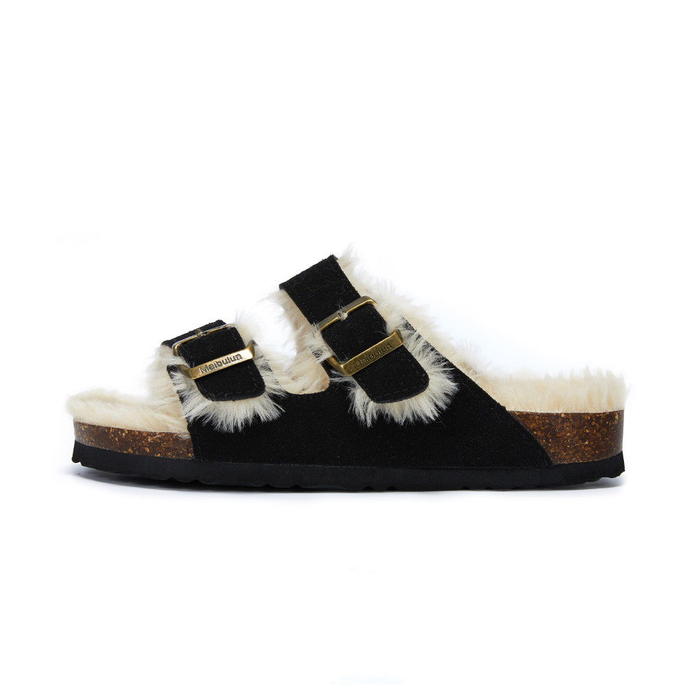 Zapatos nuevos de algodón y lana con doble hebilla, zapatos de lana para interiores y exteriores, pantuflas cálidas y cómodas para mujer, pantuflas ortopédicas forradas de piel para interiores con hebilla ajustable.