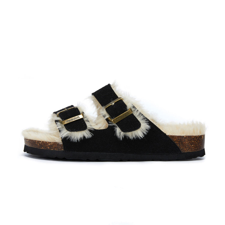 Zapatos nuevos de algodón y lana con doble hebilla, zapatos de lana para interiores y exteriores, pantuflas cálidas y cómodas para mujer, pantuflas ortopédicas forradas de piel para interiores con hebilla ajustable.