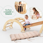 Juego de escalada Montessori 5 en 1: Escalera triangular + Arco/Balancín + Tabla/Rampa deslizante + Cuerda de red + Cojín