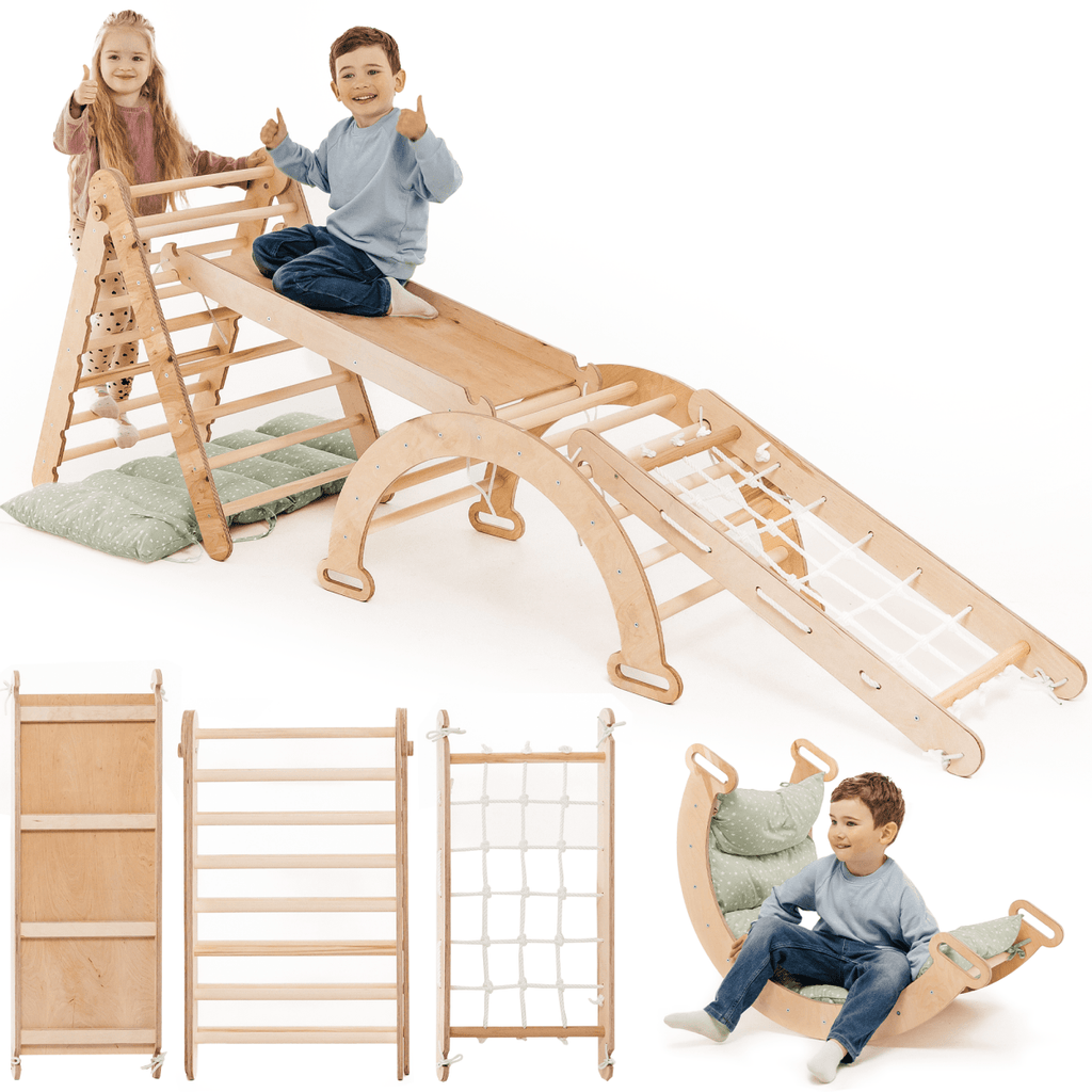 Juego de escalada Montessori 5 en 1: Escalera triangular + Arco/Balancín + Tabla/Rampa deslizante + Cuerda de red + Cojín