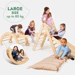 Juego de escalada Montessori 5 en 1: Escalera triangular + Arco/Balancín + Tabla/Rampa deslizante + Cuerda de red + Cojín