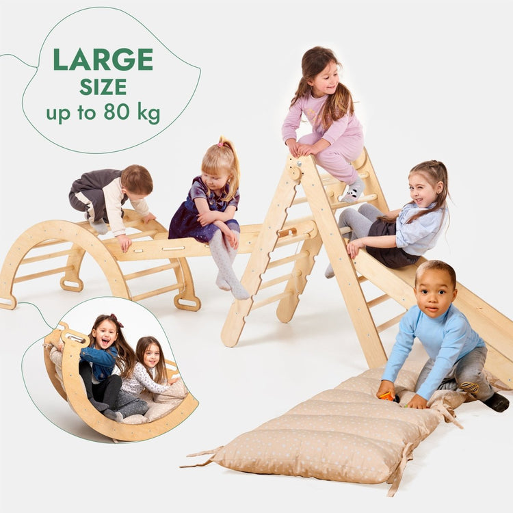 Juego de escalada Montessori 5 en 1: Escalera triangular + Arco/Balancín + Tabla/Rampa deslizante + Cuerda de red + Cojín