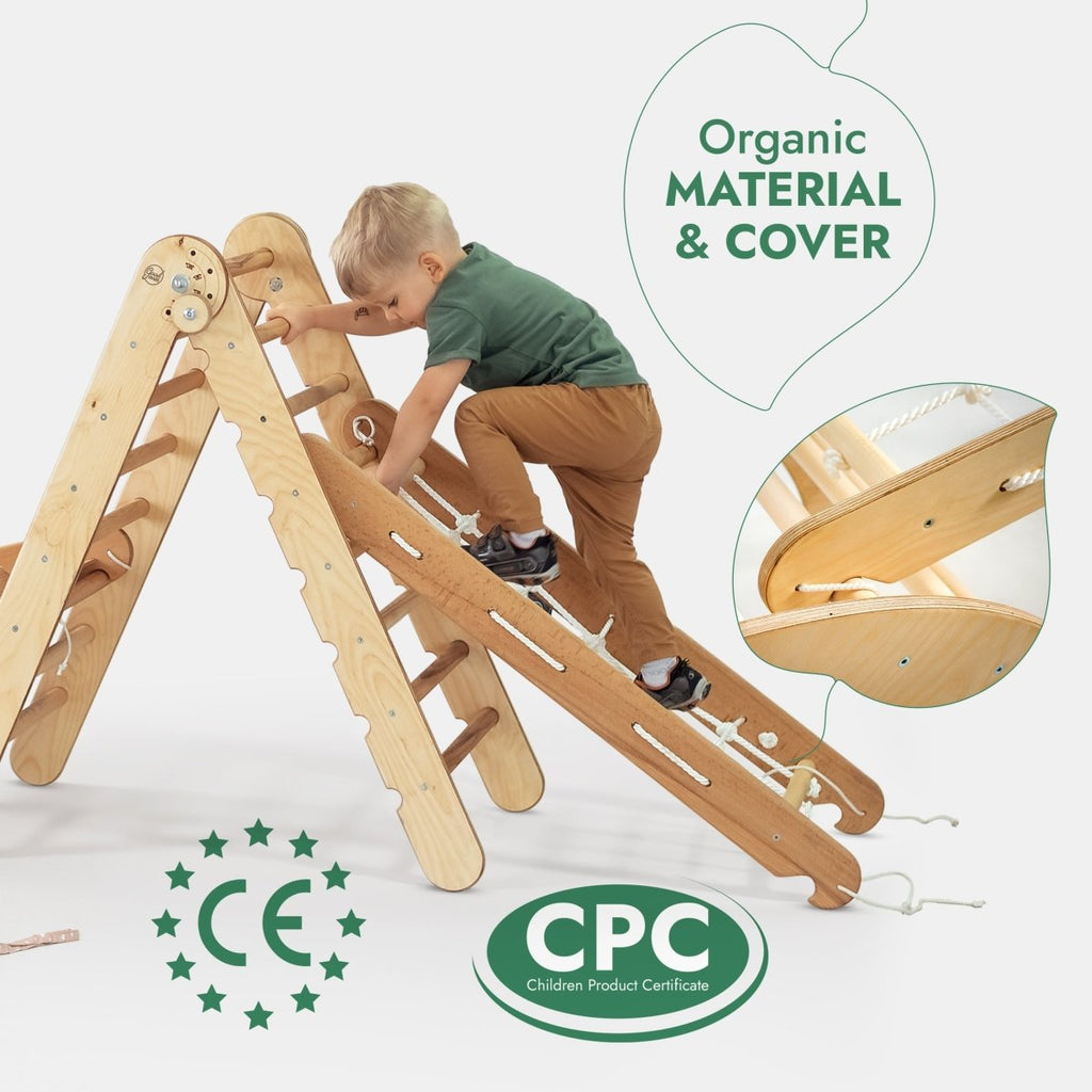 Juego de escalada Montessori 5 en 1: Escalera triangular + Arco/Balancín + Tabla/Rampa deslizante + Cuerda de red + Cojín