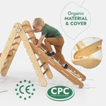 Juego de escalada Montessori 5 en 1: Escalera triangular + Arco/Balancín + Tabla/Rampa deslizante + Cuerda de red + Cojín