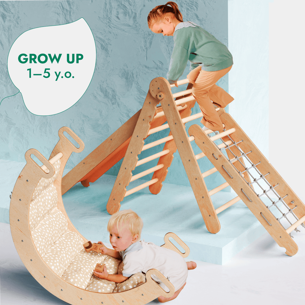 Juego de escalada Montessori 5 en 1: Escalera triangular + Arco/Balancín + Tabla/Rampa deslizante + Cuerda de red + Cojín