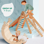 Juego de escalada Montessori 5 en 1: Escalera triangular + Arco/Balancín + Tabla/Rampa deslizante + Cuerda de red + Cojín
