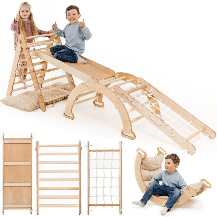 Juego de escalada Montessori 5 en 1: Escalera triangular + Arco/Balancín + Tabla/Rampa deslizante + Cuerda de red + Cojín