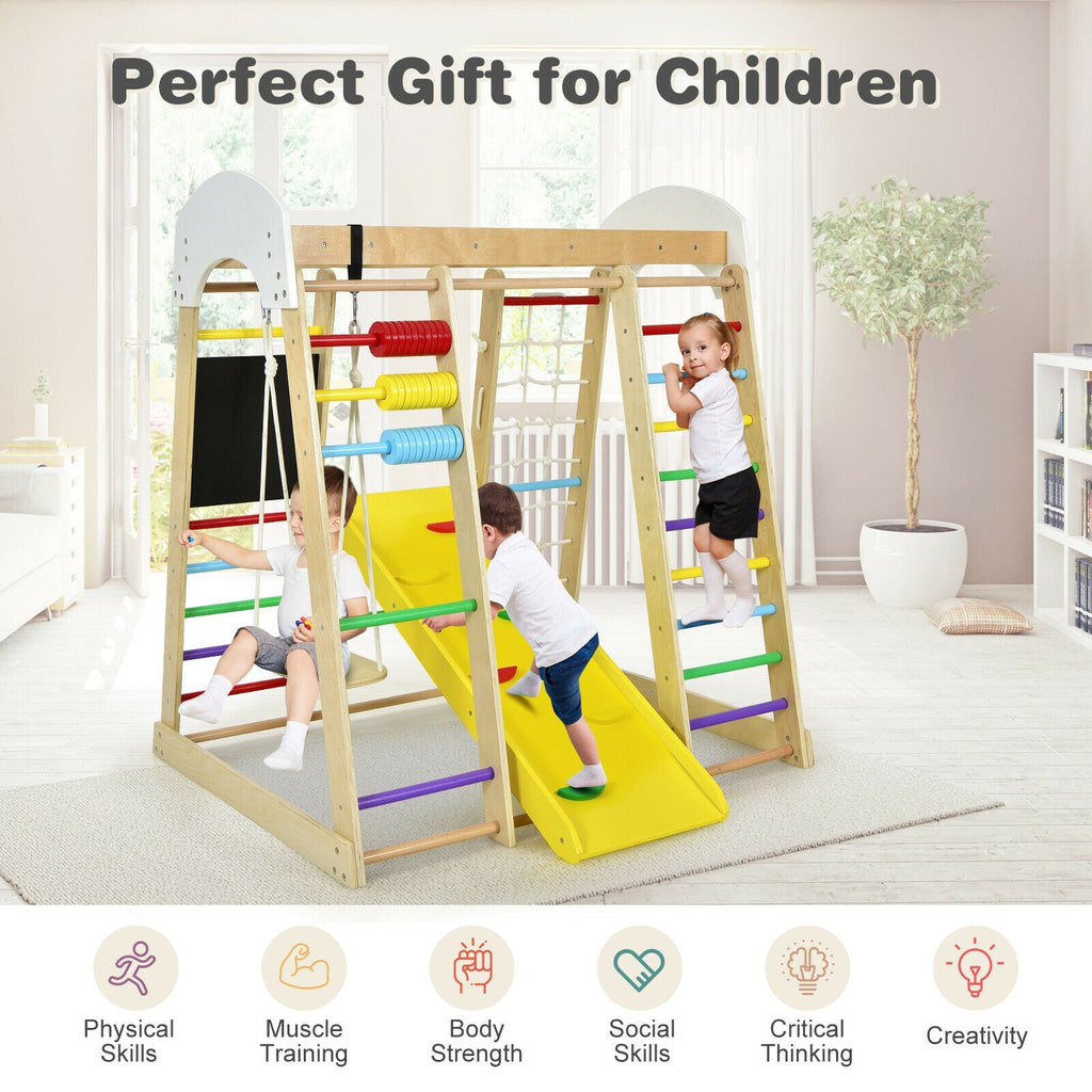 Gimnasio de escalada de madera 8 en 1 para interiores, ideal para niños (multicolor).