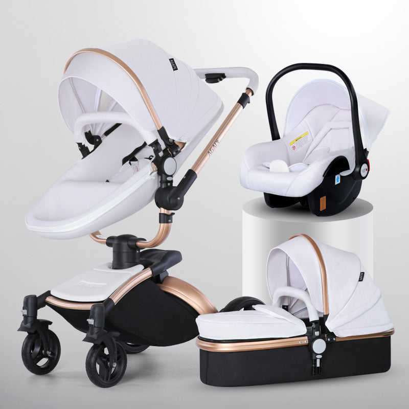 Cochecito de bebé de gran altura con rotación de 360 grados y cesta 3 en 1 plegable