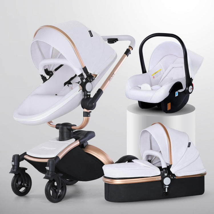 Cochecito de bebé de gran altura con rotación de 360 grados y cesta 3 en 1 plegable
