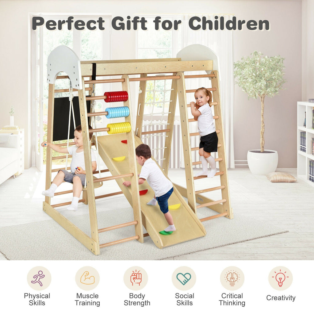 Gimnasio de escalada de madera 8 en 1 para interiores, ideal para niños (tejido natural).