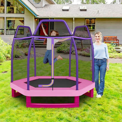 Cama elástica infantil de 2,13 metros (7 pies) con sistema de rebote, color rosa.