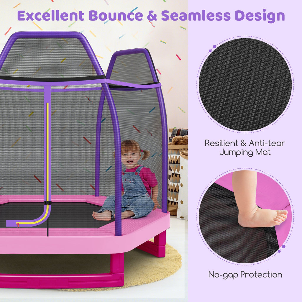 Cama elástica infantil de 2,13 metros (7 pies) con sistema de rebote, color rosa.