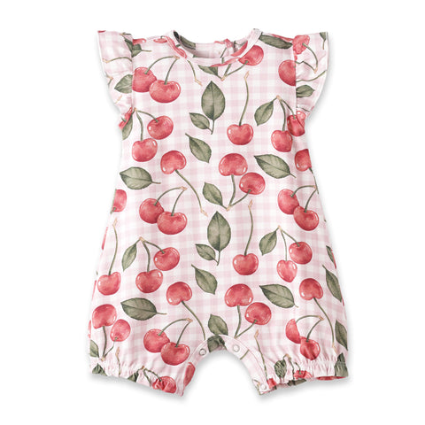 Mono de burbujas de bambú para bebé niña con estampado de picnic de cerezas