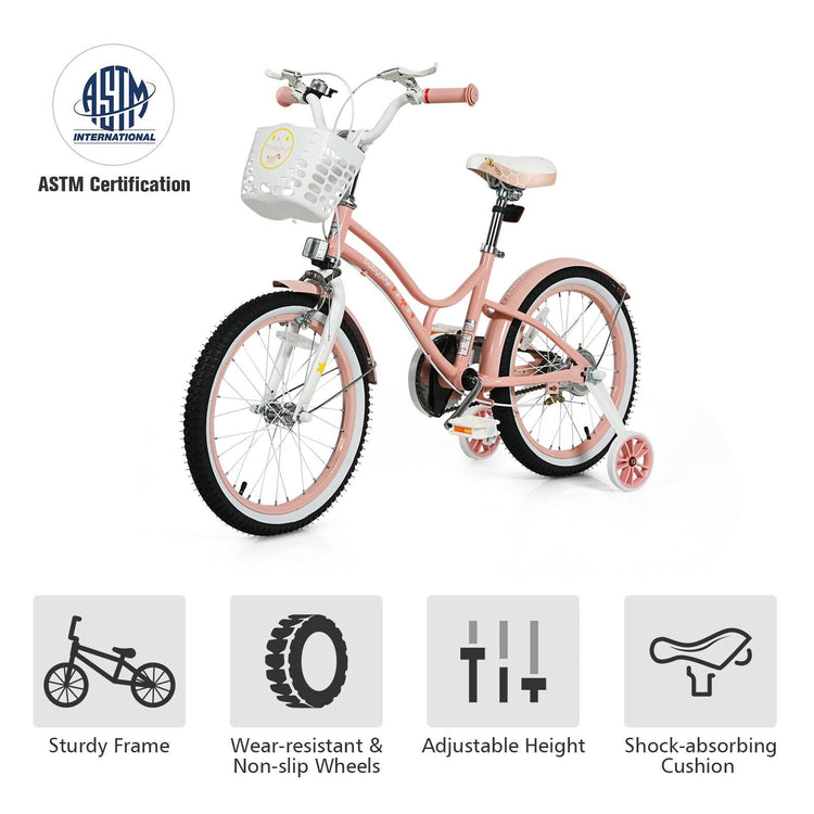 Bicicleta infantil ajustable de 18 pulgadas para niños pequeños con ruedines de apoyo - Rosa