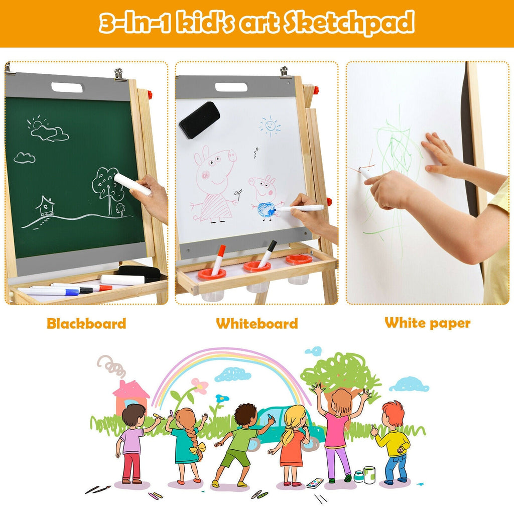 Caballete de arte infantil con rollo de papel, pizarra de doble cara y pizarra blanca - Gris