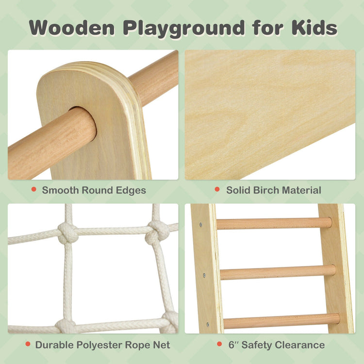 Gimnasio de escalada de madera 8 en 1 para interiores, ideal para niños (tejido natural).