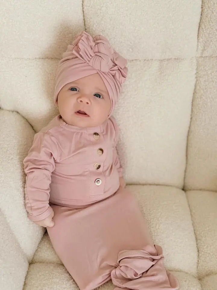 Vestido anudado para recién nacida y gorro turbante de 3 lazos - Rosa empolvado