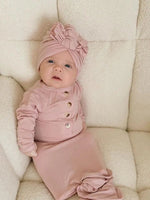 Vestido anudado para recién nacida y gorro turbante de 3 lazos - Rosa empolvado