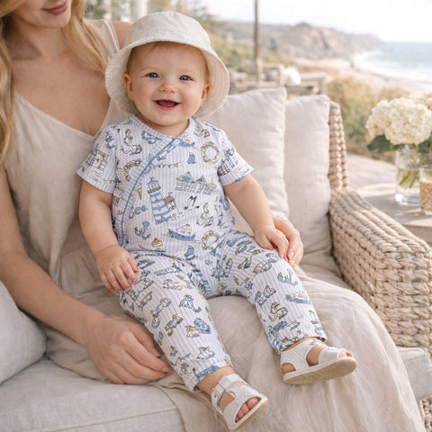 Pelele infantil con cremallera y estampado playero – Bambú con puños convertibles