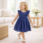 Vestido de niña con volantes y ojales - Algodón azul bordado