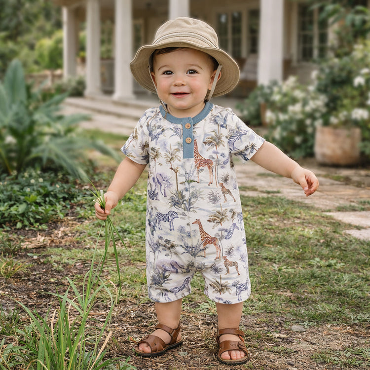 Pelele corto de bambú para bebé niño con estampado de safari en la jungla
