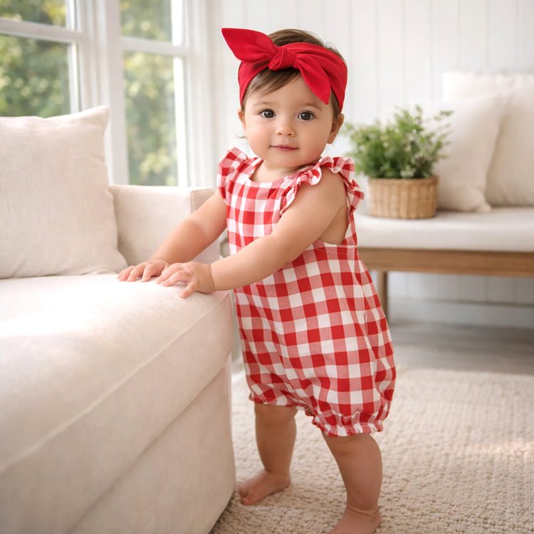 Mono de burbujas de bambú suave con estampado a cuadros estilo picnic para bebés niñas