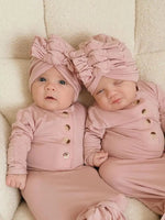 Vestido anudado para recién nacida y gorro turbante de 3 lazos - Rosa empolvado