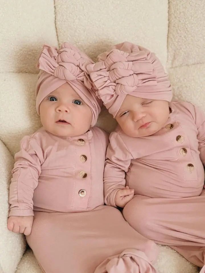 Vestido anudado para recién nacida y gorro turbante de 3 lazos - Rosa empolvado