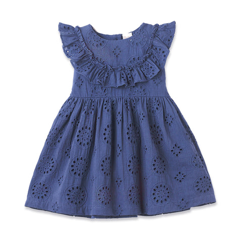 Vestido de niña con volantes y ojales - Algodón azul bordado