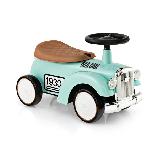 Vehículo para niños con asiento para sentarse y pararse, con volante funcional y espacio de almacenamiento debajo del asiento, color verde