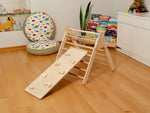 Parque infantil interior Montessori | Triángulo Pikler, arco de escalada, rampa y almohada 2 en 1