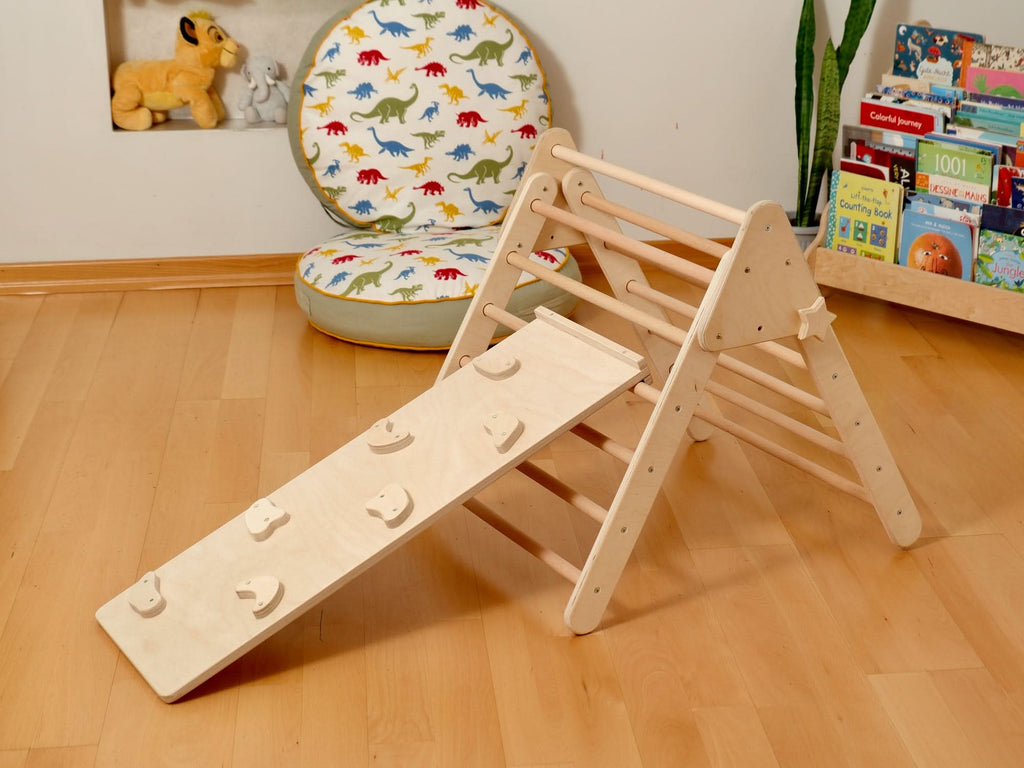 Parque infantil interior Montessori | Triángulo Pikler, arco de escalada, rampa y almohada 2 en 1