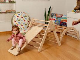 Parque infantil interior Montessori | Triángulo Pikler, arco de escalada, rampa y almohada 2 en 1