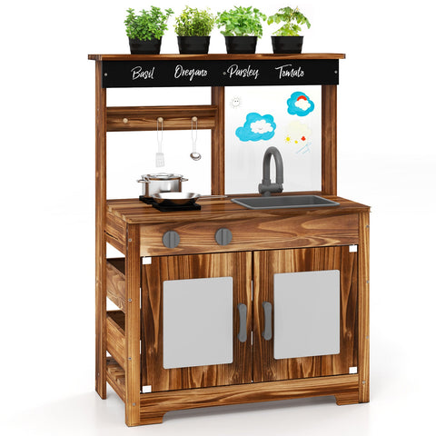 Cocina de juguete de madera de abeto con 4 ollas para pintar, grifo y fregadero extraíble - Natural