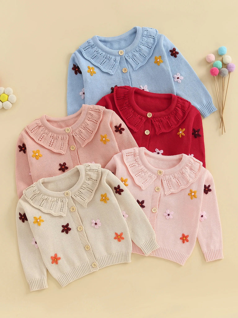 Suéter tipo cárdigan para bebé niña, diseño de flores en 3D, botones, manga larga, tejido