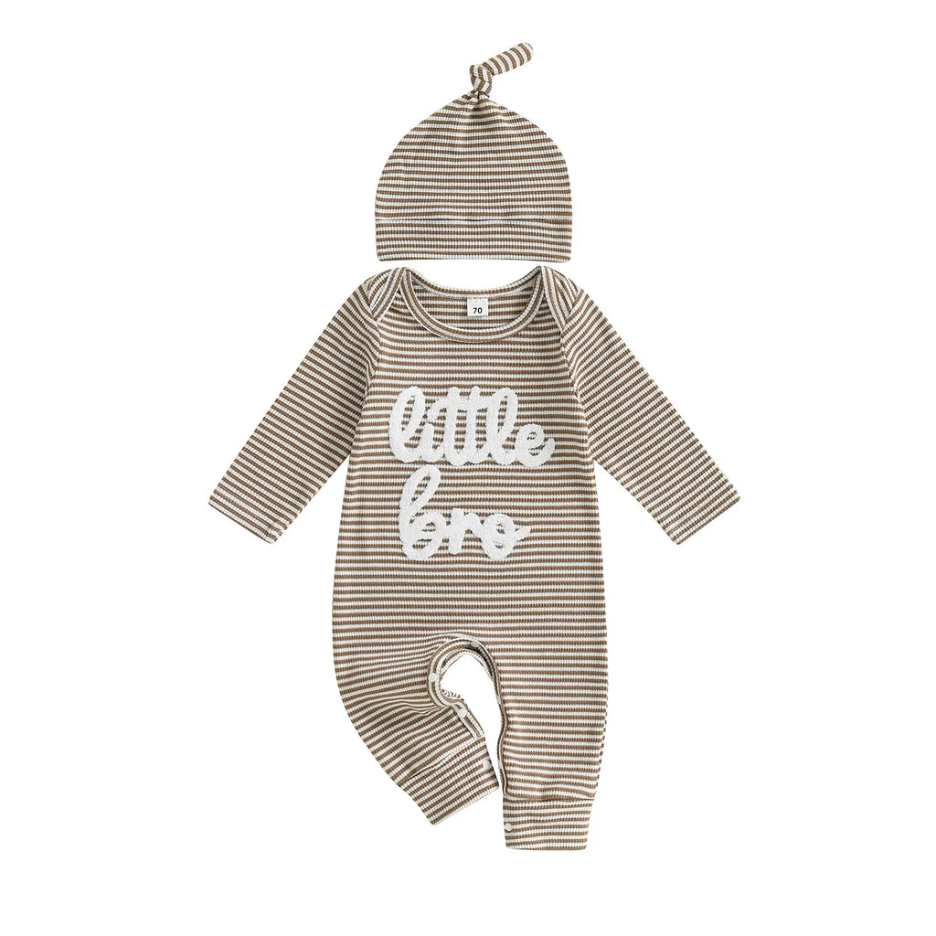 Mono de rayas de otoño para bebé niño, 2 piezas, manga larga, cuello redondo, letras, bordado, conjunto de gorro